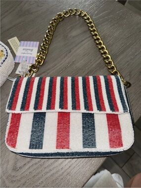 Striped Beaded Shoulder Bag with Gold Chain NWT